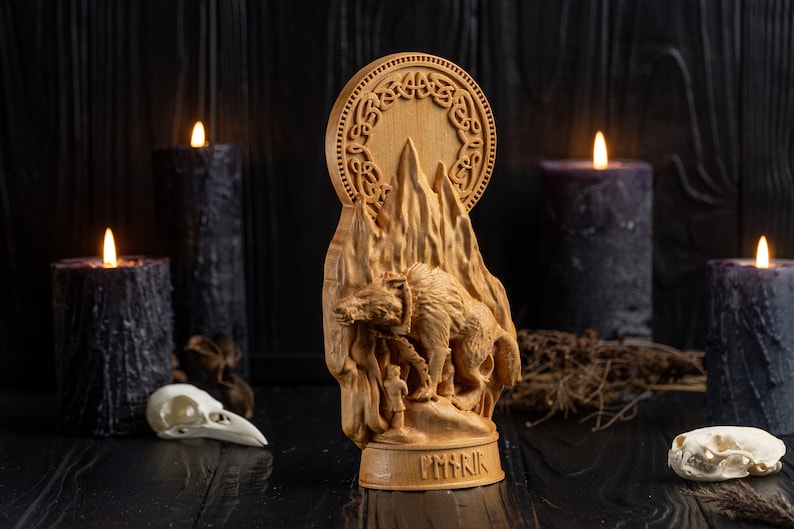 Hand carved fenrir statue