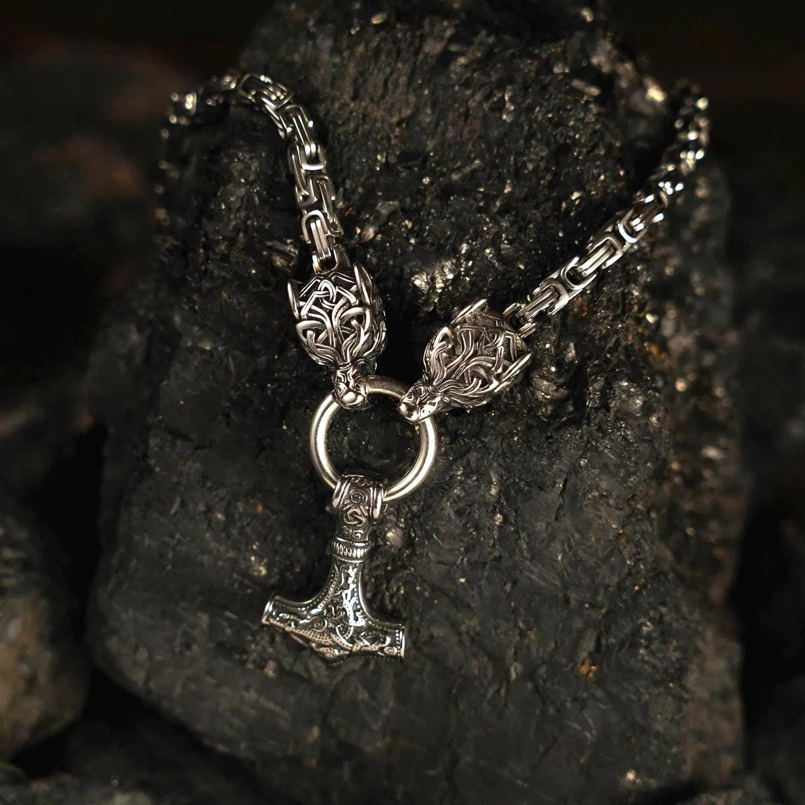 Mjolnir Necklace with Fenrir Chain • 5-7 days delivery within USA