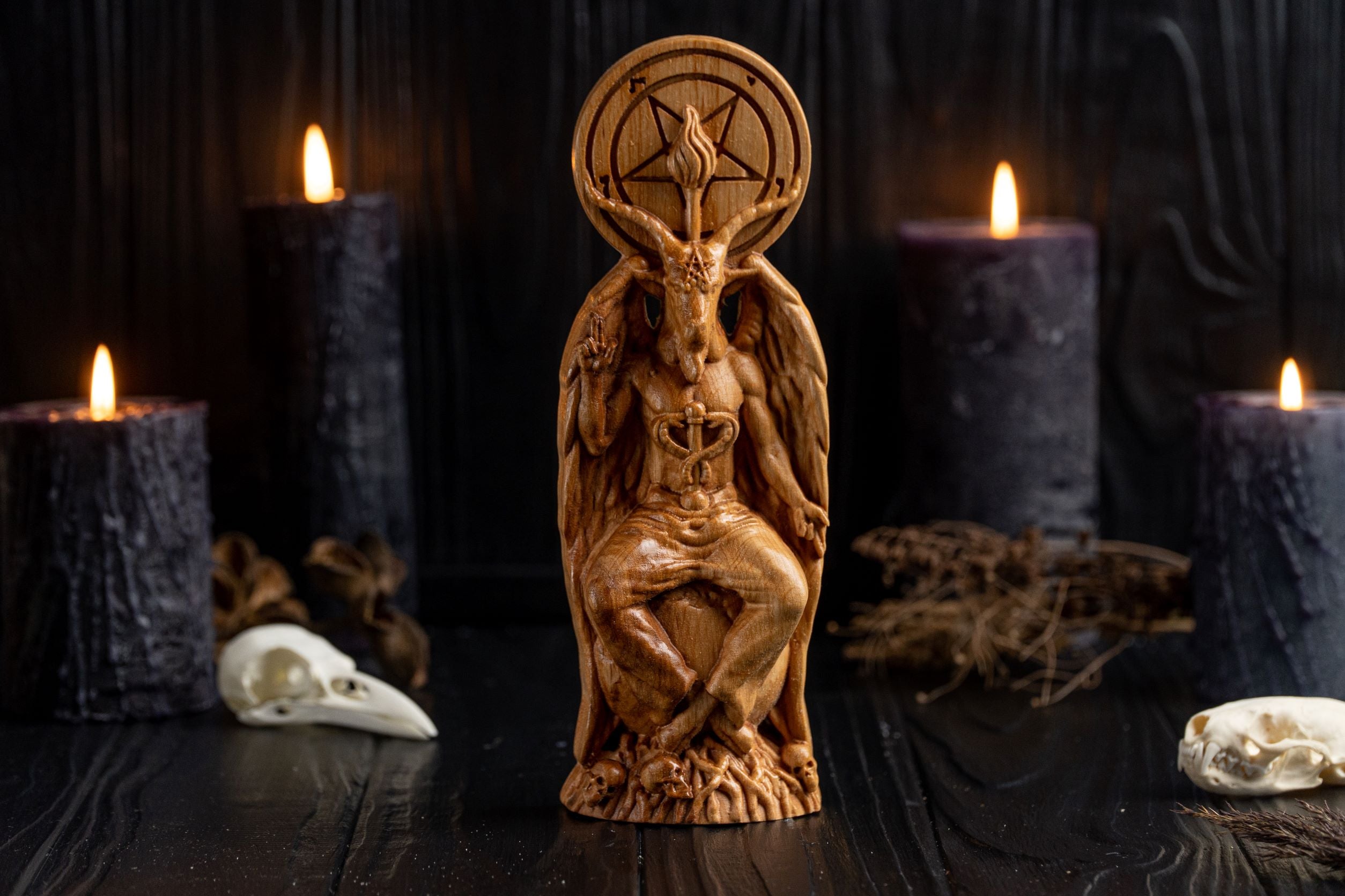 Wooden baphomet statue