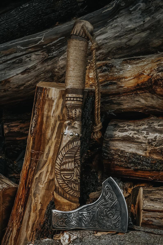 Hand carved viking axe